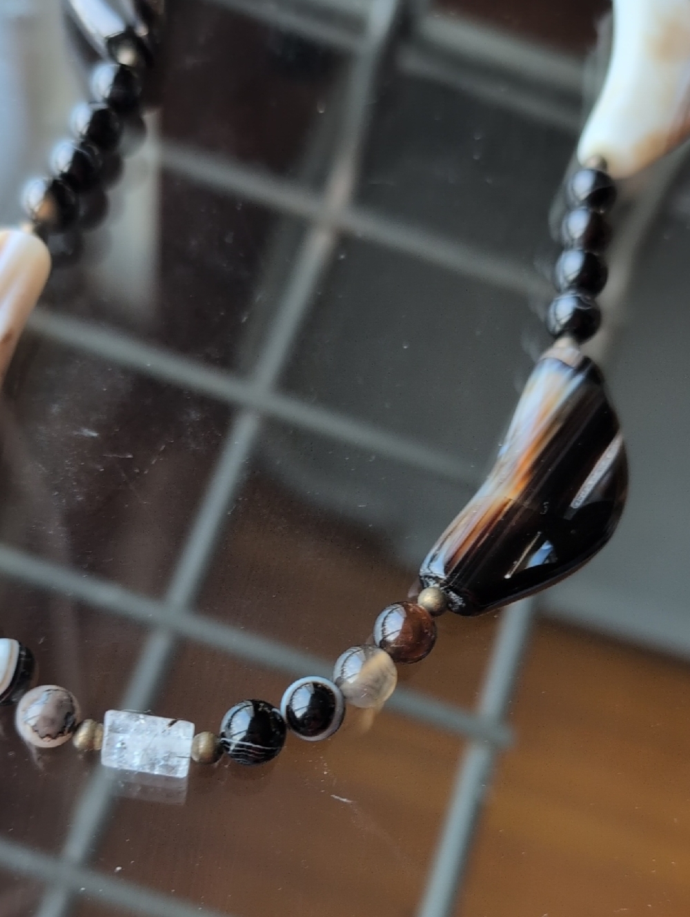 Handmade Black and White Line Agate Beaded Necklace With Quartz - Picture 2 of 4